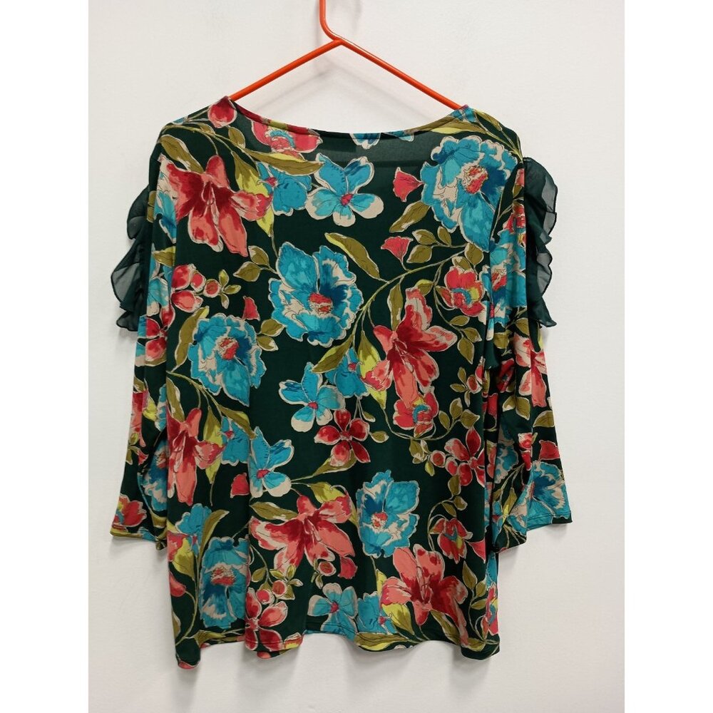 Susan‎ Graver Top Womens Size XL Floral Liquid Knit Ruffle BOHO Garden Fairy - Picture 8 of 11